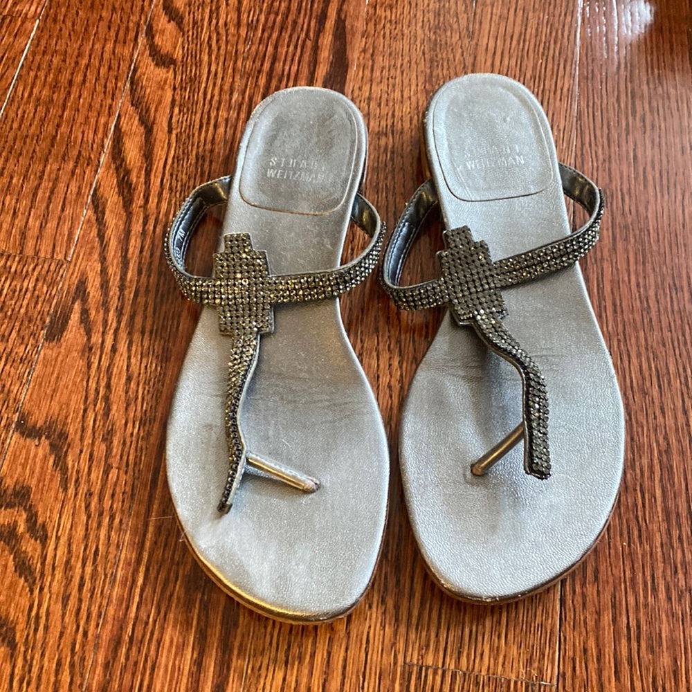 Stuart Weitzman Jeweled T Strap Silver Sandals